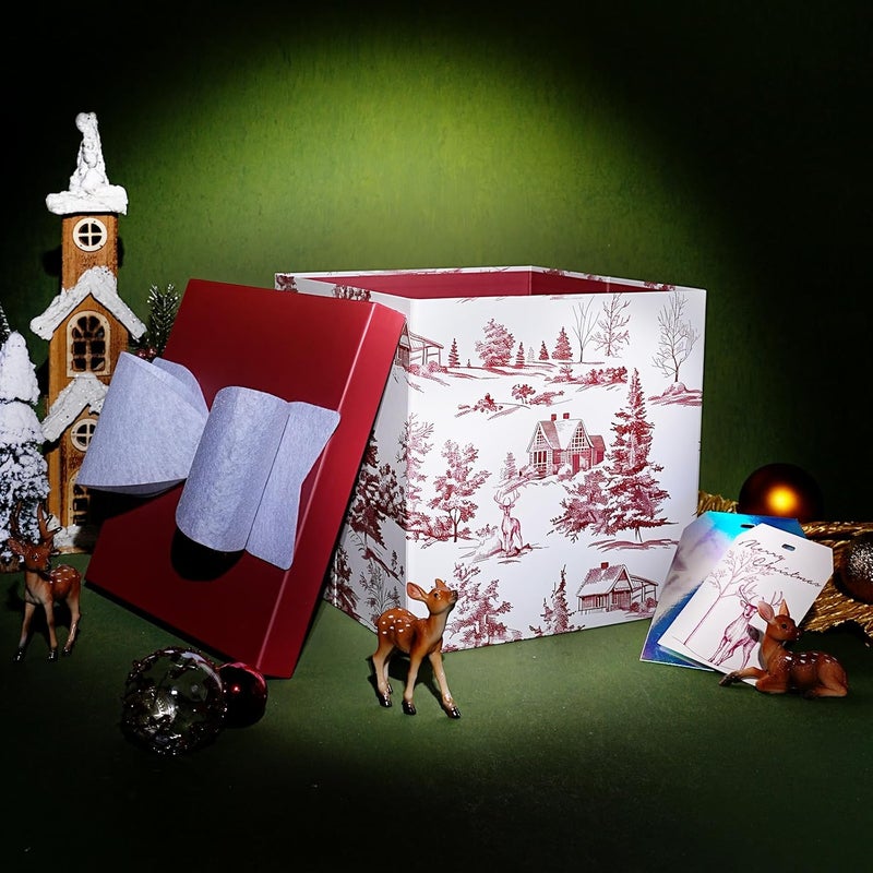 LaRibbons Large Christmas Gift Boxes with Lids, 10x10x10 Inches Winter Tree & Cabin Design Folding Square Gift Boxes for Holiday Decorative, Xmas, Present, Storage, Red - Image 2